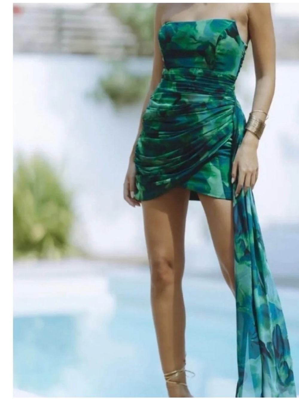 Strapless Green & Teal Mini Dress with Draped Sash